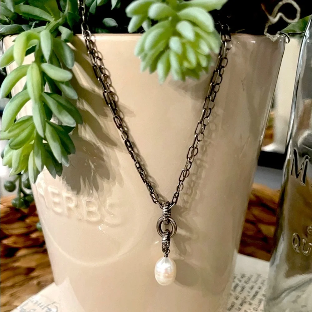 Silpada Vintage Sterling Silver Genuine Pearl Double Oxidized Chain Necklace - Picture 2 of 8